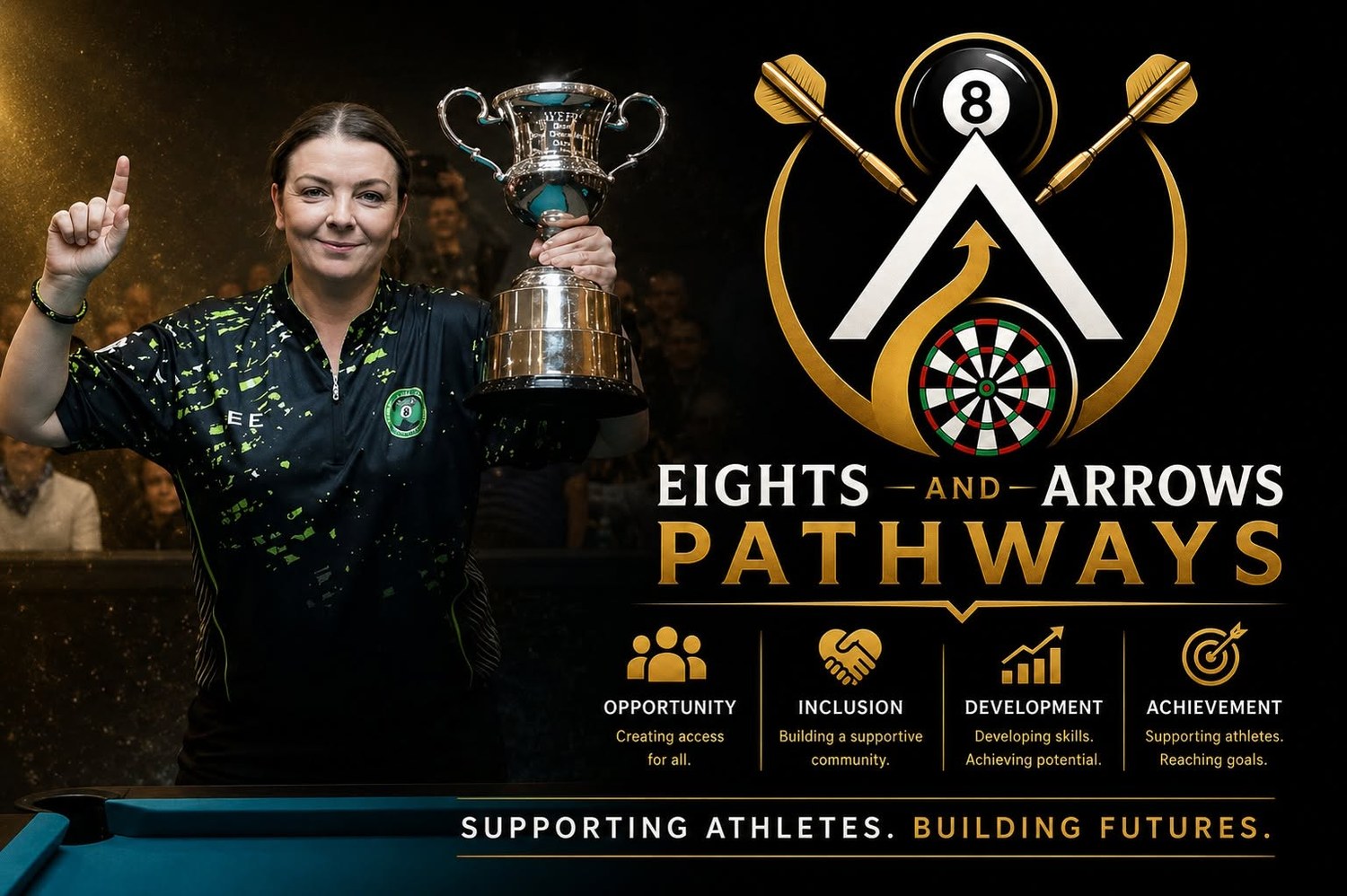 Emma Cunningham holding a trophy beside Eights and Arrows Pathways branding